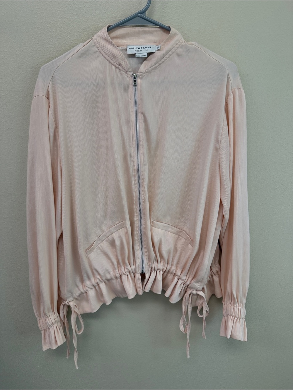 Molly Bracken Blush Pink Drawstring Hem Bomber Jacket